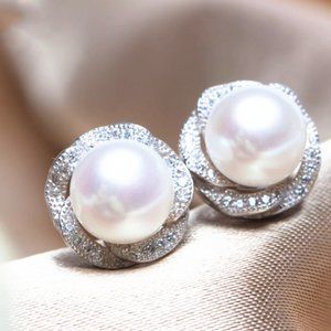 NEW Silver Diamond Halo Pearl Twist Earrrings